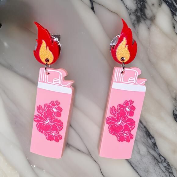 New Lighter Pink Hibiscus Flower Flame Fireโ Goth Drop Dangle Earrings Gift Y2K - Picture 1 of 2
